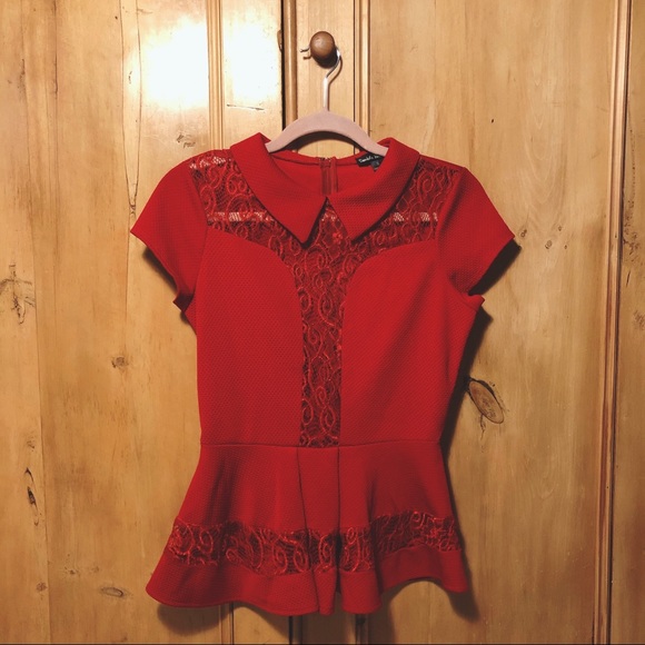Modcloth Red Collared Top with Illusion Lace Small - Picture 1 of 6
